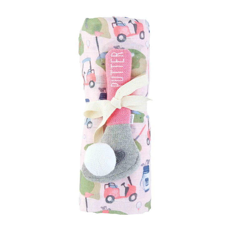 Pink Golf Swaddle and Rattle Set