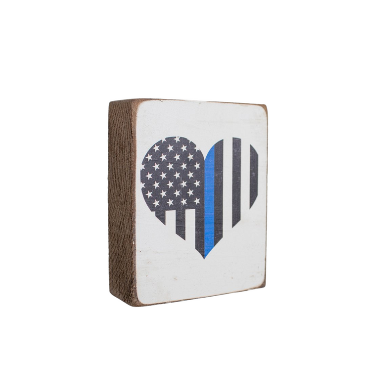 Thin Blue Line Flag Heart Decorative Wooden Block